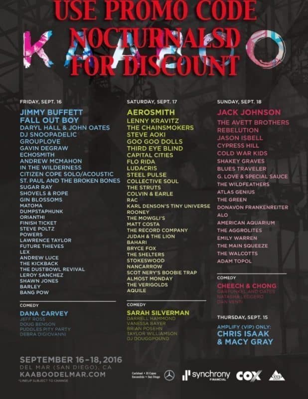Kaboo Festival Tickets Discount Promo Code San Diego 2016 Del Mar dj comedian artist band jimmy buffet fallout boy aerosmith kravitz snoop goo goo jack johnson Kaboo Festival Tickets Discount Promo Code San Diego 2016 Del Mar dj comedian artist band