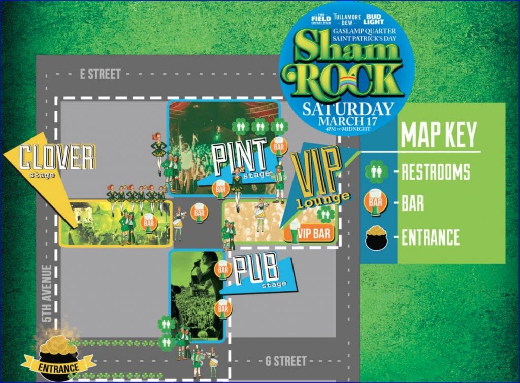 Map of ShamROCK 2018 held in the San Diego Gaslamp area, March 17, 2018